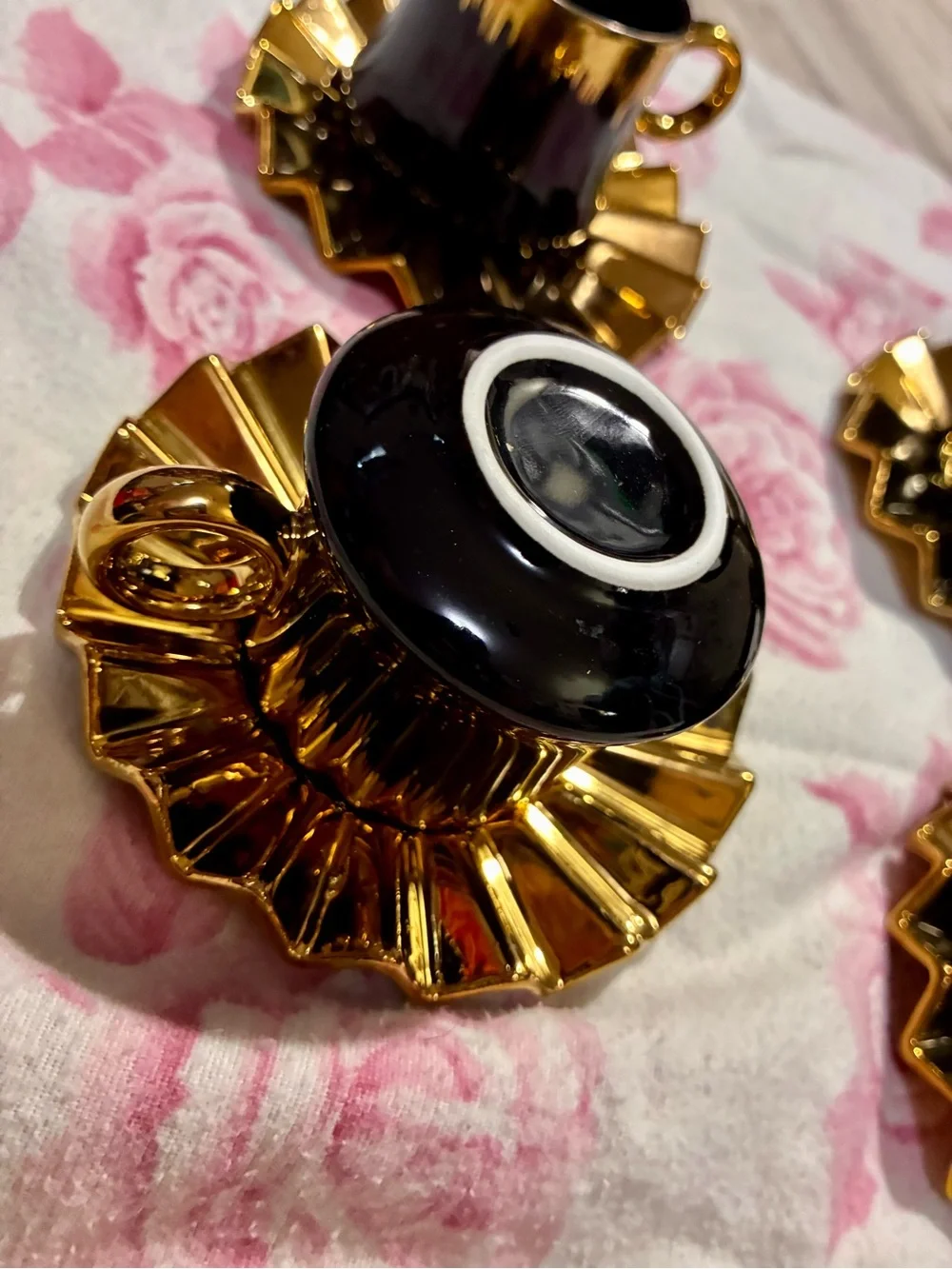 Luxury 5-Piece Black & Gold Ceramic Espresso / Demitasse Cup and Saucer Set